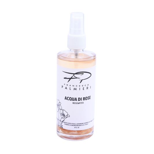 Aqua di Rose bottle with organic rose water and petals for skincare