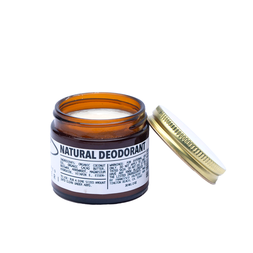 Baking soda-free natural deodorant with coconut oil and lavender scent in a 2oz glass jar for all-day freshness.